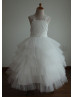 Ivory Lace Puffy Tulle Tea Length Flower Girl Dress